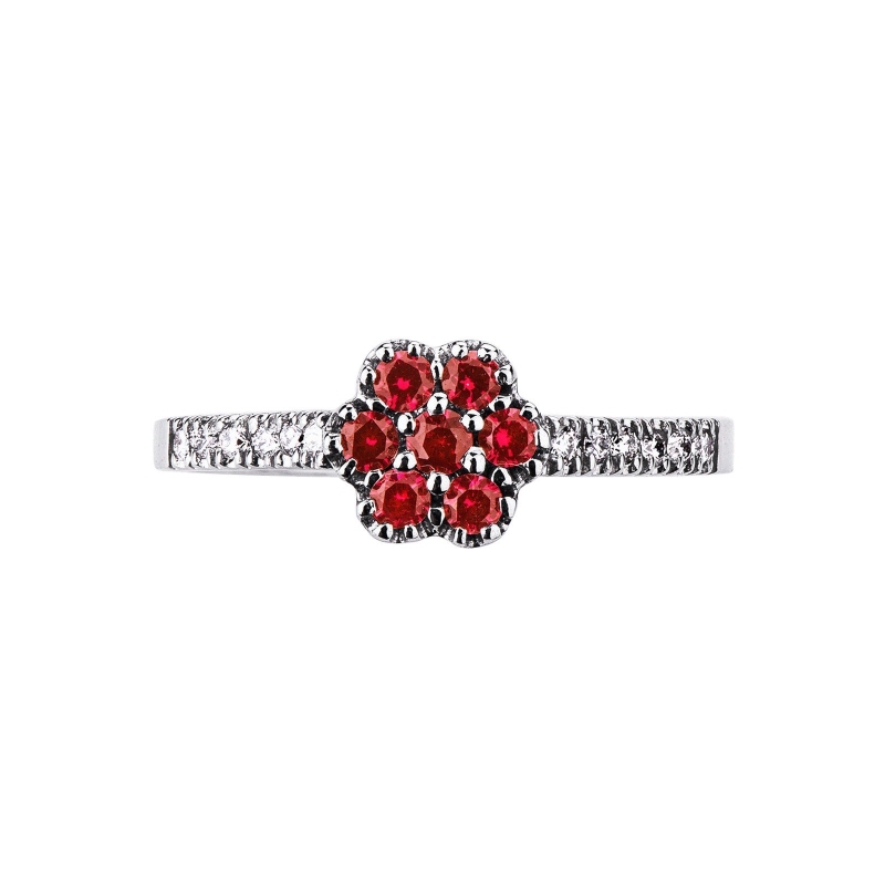 18k white gold flower ring with rubies and diamonds shoulder set  18k white gold flower ring with rubies and diamonds shoulder set