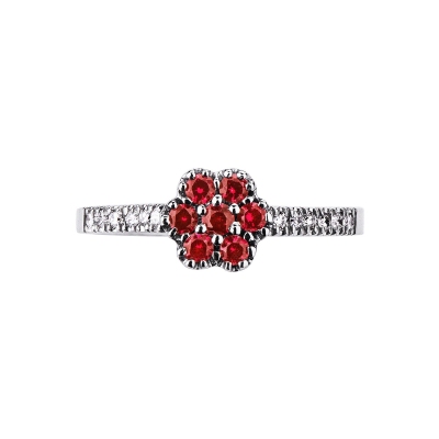 18k white gold flower ring with rubies and diamonds shoulder set 