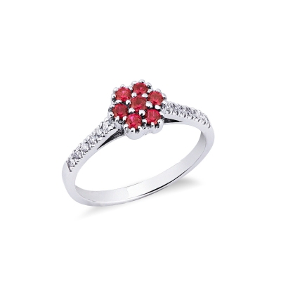 18k white gold flower ring with rubies and diamonds shoulder set 