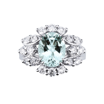 Halo ring in white gold 18k with aquamarine and diamonds