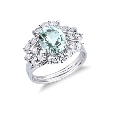 Halo ring in white gold 18k with aquamarine and diamonds