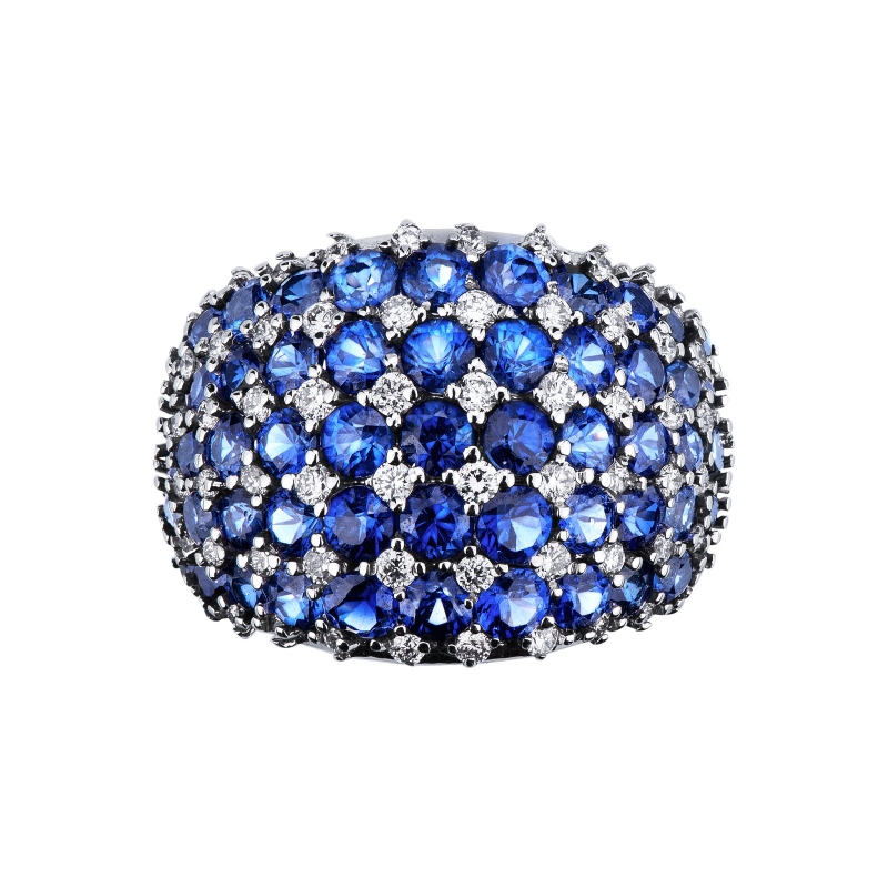 Design ring in white gold 18k with blue sapphires and diamonds
