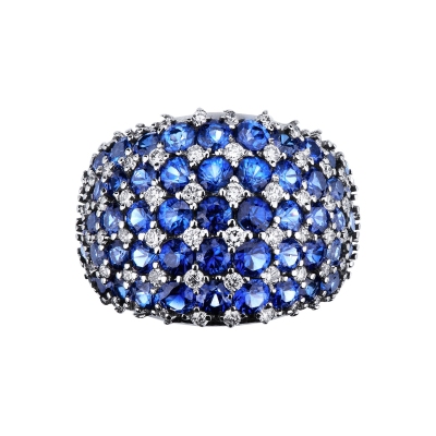 Design ring in white gold 18k with blue sapphires and diamonds