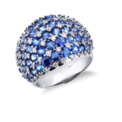 Design ring in white gold 18k with blue sapphires and diamonds