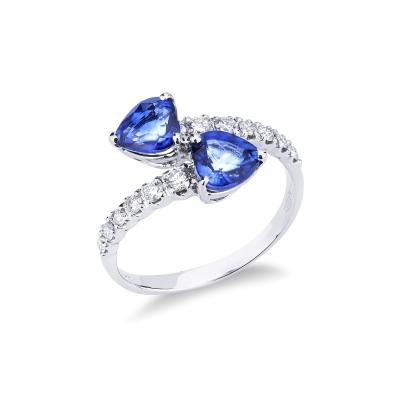TOI et MOI ring with diamonds and two blue sapphires heart cut 