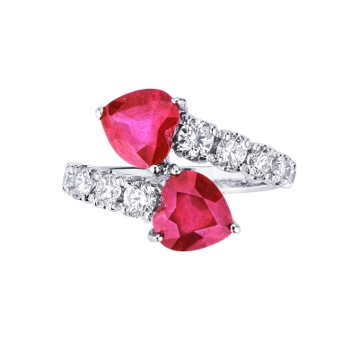 TOI et MOI ring in white gold 18k with two rubies heart cut and diamonds