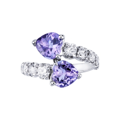 750 white gold 18k TOI et MOI ring with diamonds and amethysts
