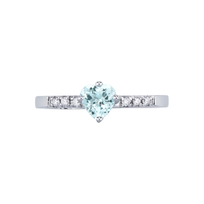 Ring in white gold 18k with central heart aquamarine and diamonds