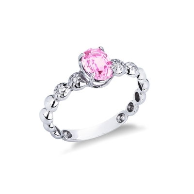 750 white gold ring with central pink sapphire and diamonds