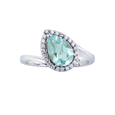 Halo ring white gold 18k with aquamarine pear cut and diamonds