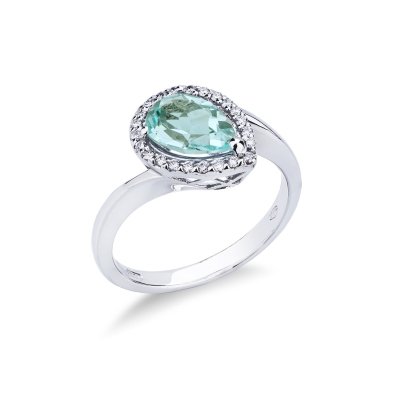 Halo ring white gold 18k with aquamarine pear cut and diamonds