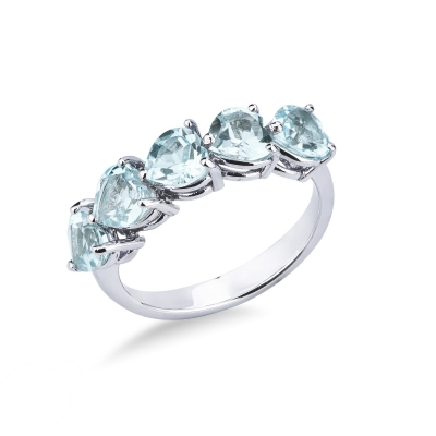 Ring with 5 aquamarines heart cut in white gold 18k