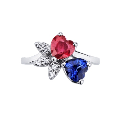 Ring in white gold 750 with ruby, blue sapphire and diamonds
