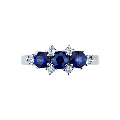 Trilogy ring white gold 18k with diamonds and blue sapphires