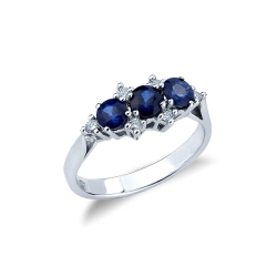 Trilogy ring white gold 18k with diamonds and blue sapphires