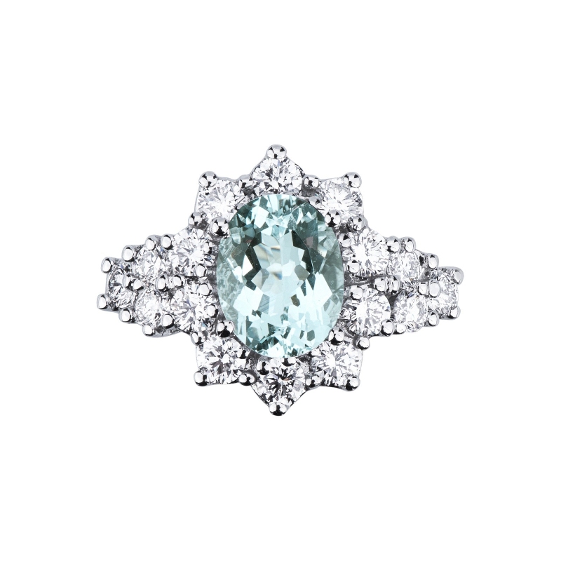 18k white gold halo ring with aquamarine and diamonds 18k white gold halo ring with aquamarine and diamonds