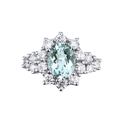 18k white gold halo ring with aquamarine and diamonds