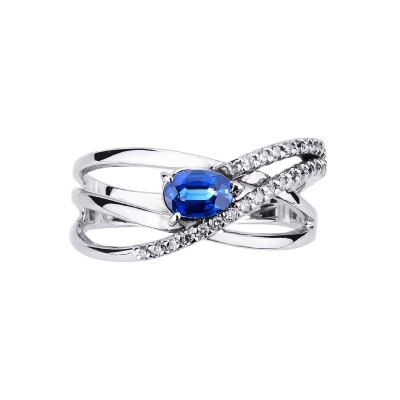 18k white gold weave ring with blue sapphires and diamonds 