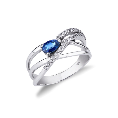 18k white gold weave ring with blue sapphires and diamonds 