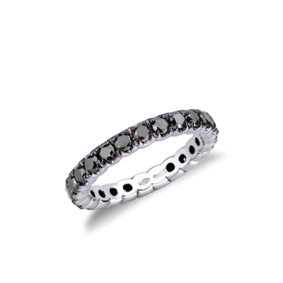 Black diamonds and blackened prongs eternity ting in 18kt white gold