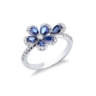 Flower ring in white gold 750 with blue sapphires and diamonds