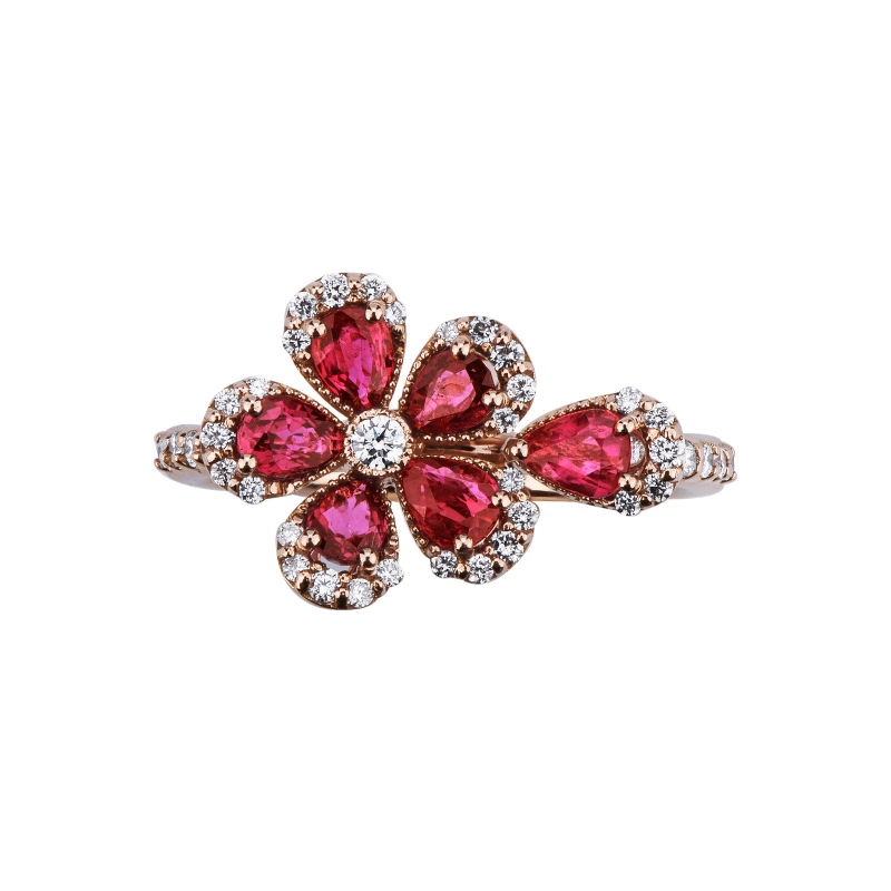 Flower ring in rose gold 750 with rubies and diamonds Flower ring in rose gold 750 with rubies and diamonds