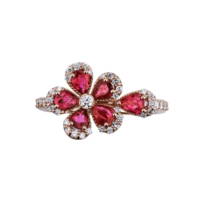 Flower ring in rose gold 750 with rubies and diamonds