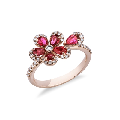 Flower ring in rose gold 750 with rubies and diamonds