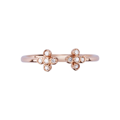 18K rosé gold open ring with two diamonds crosses