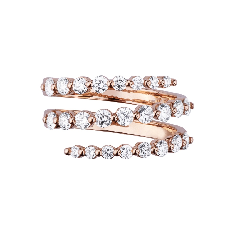 18k rosé gold band ring with three separated rows of diamonds 
