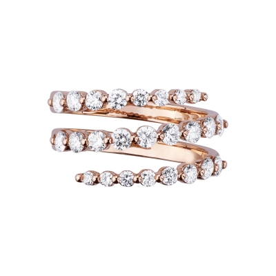 18k rosé gold band ring with three separated rows of diamonds 