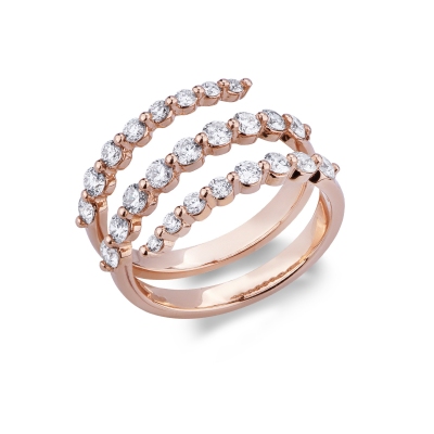 18k rosé gold band ring with three separated rows of diamonds 