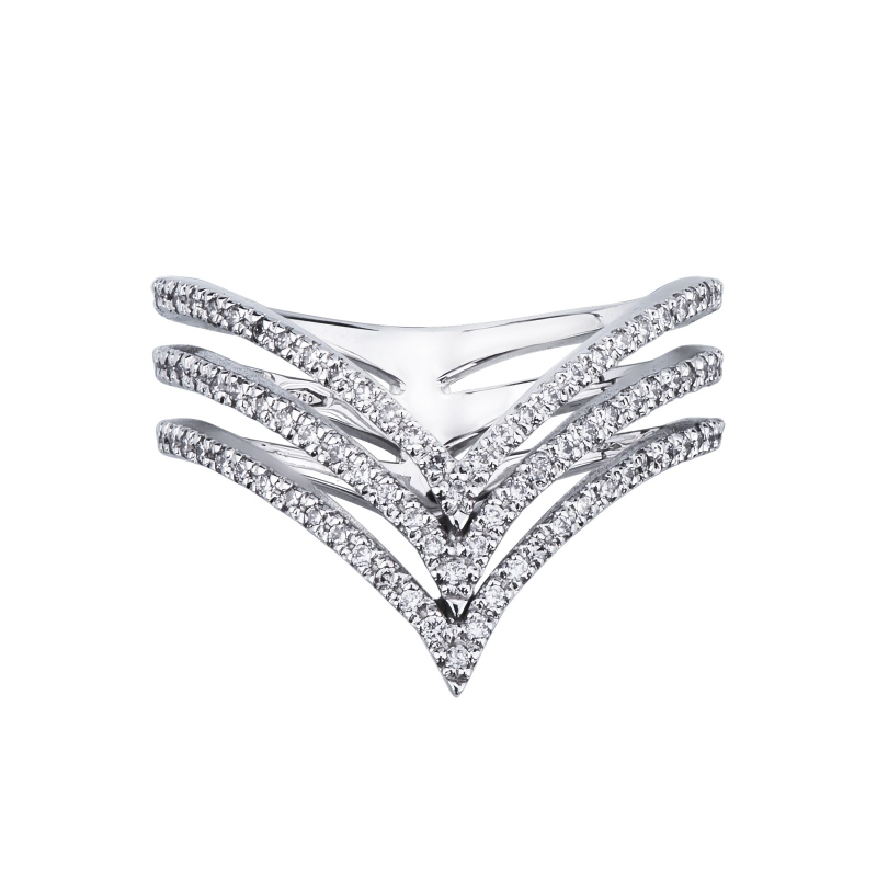 Three-row convergent ring with diamonds in white gold 18k