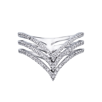 Three-row convergent ring with diamonds in white gold 18k