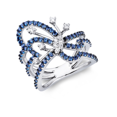 Butterfly design ring in white gold 18k with blue sapphires and diamonds