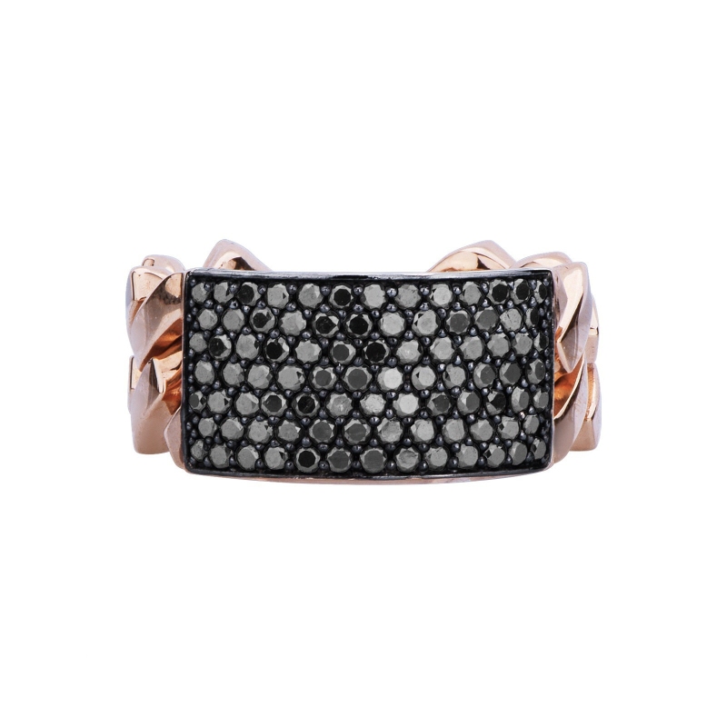 Rose gold 18k groumette ring with plate in black diamonds Rose gold 18k groumette ring with plate in black diamonds