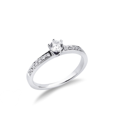 6 claw solitaire ring with a 0,30 ct diamond and diamonds shoulder set 