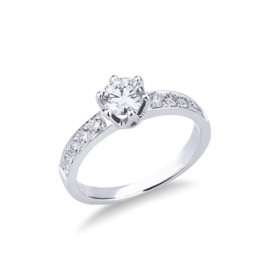 Solitaire type ring white gold 18k with diamonds and central diamond 0,70 ct
