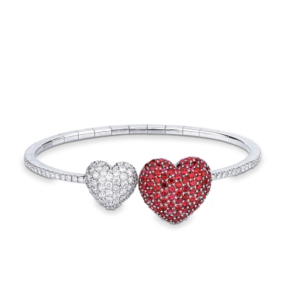 18k white gold bracelet with two heart in diamonds and rubies