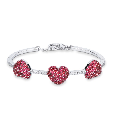 750 white gold bracelet with diamonds and three hearts in rubies 