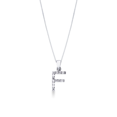 Letter F pendant with diamonds in 18k white gold