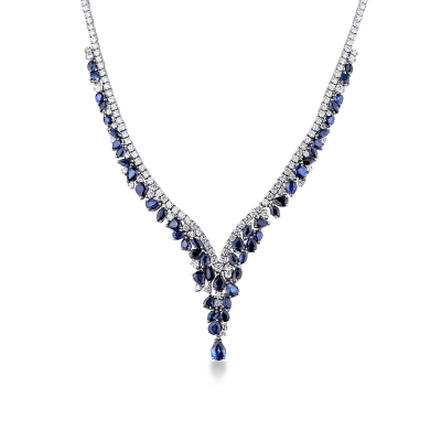 Design tennis necklace with blue sapphires and diamonds