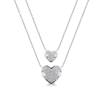 18k white gold double stand necklace with two hearts in diamonds