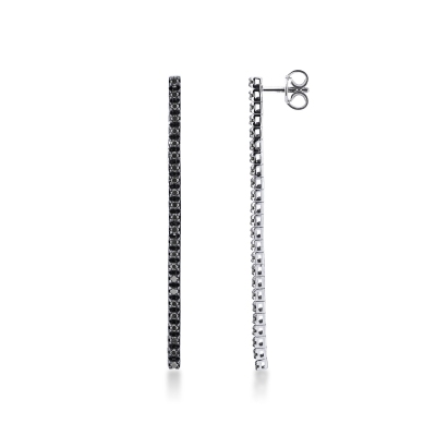 Thin drop tennis earrings with black diamonds in 18k white gold