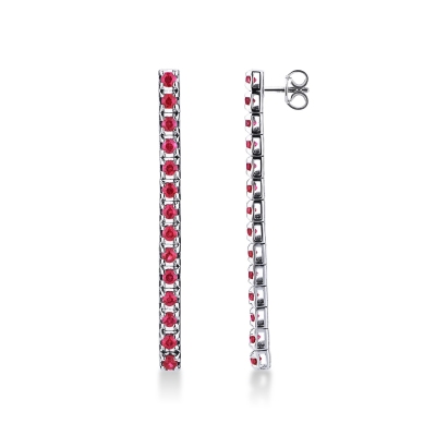 Drop tennis earrings with rubies in 18k white gold