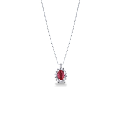 Necklace with pendant, oval cut ruby and diamond