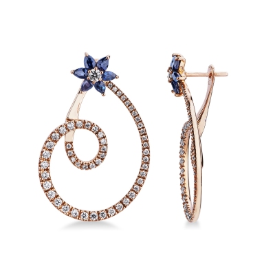 18k rose gold earrings with flower blue sapphires and diamonds