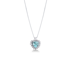 Necklace with pendant, central heart cut aquamarine and crowned by diamonds
