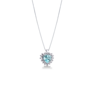 Necklace with pendant, central heart cut aquamarine and crowned by diamonds