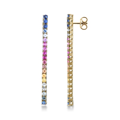 18k yellow gold tennis earrings with multicolor sapphires